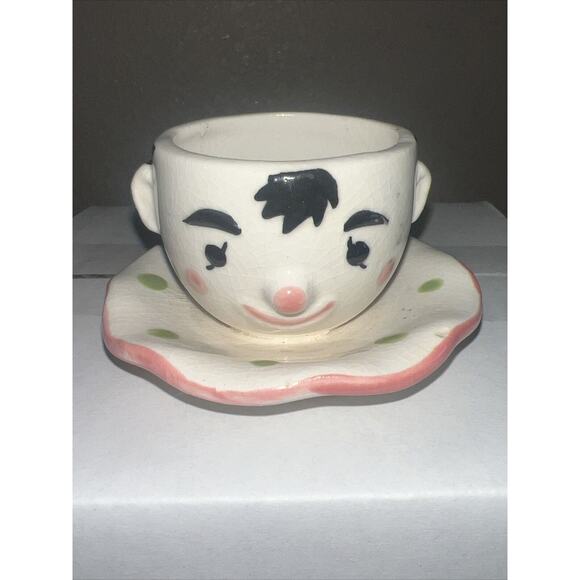 Vintage Set Of Clown's Head Egg Cup w/ Saucer Attached JAPAN - Picture 7 of 7